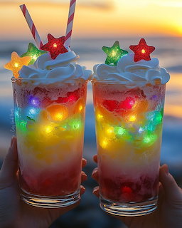 Two colorful layered cocktails with glowing stars and straws at beach sunset