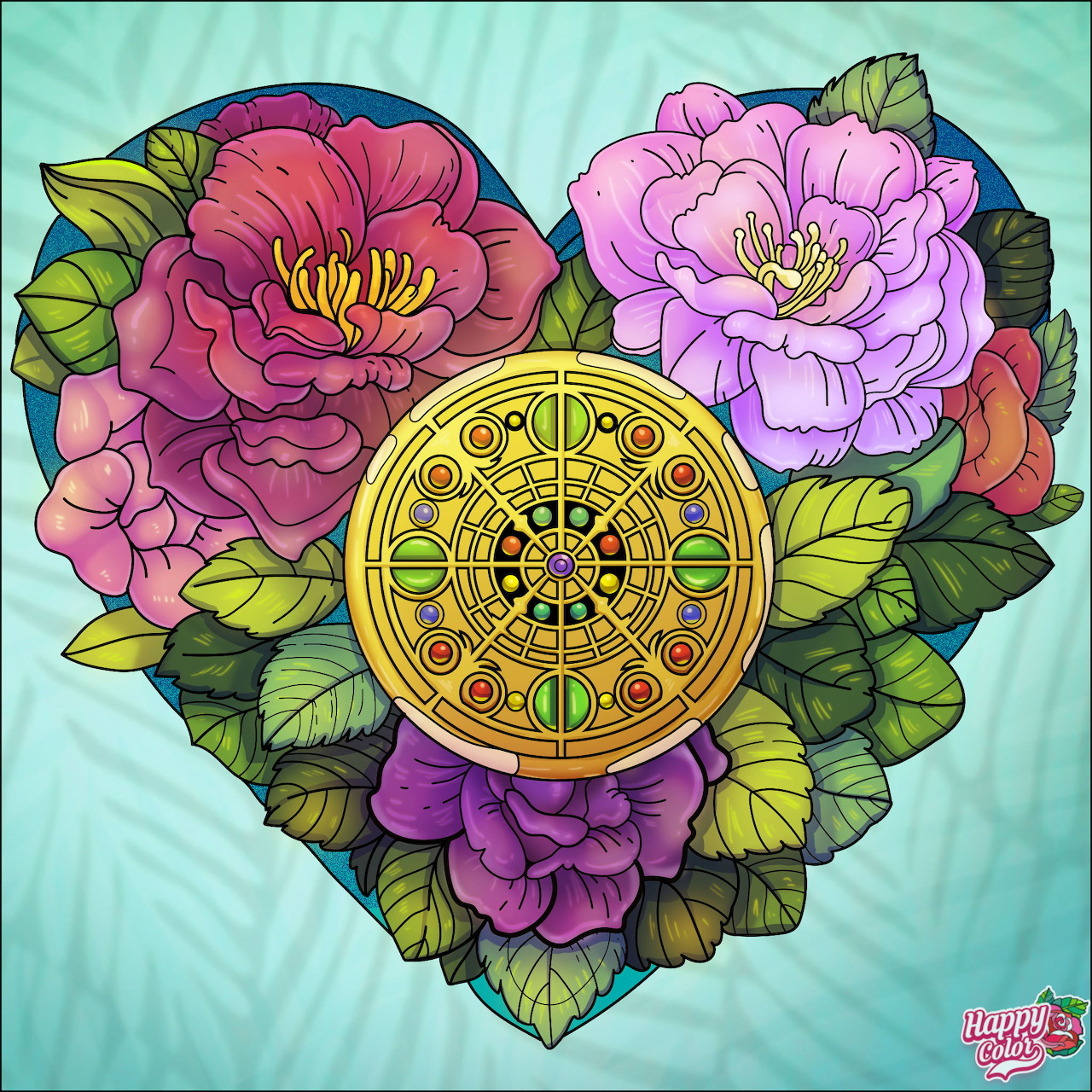Heart made of pink and purple flowers with yellow mandala center on teal background