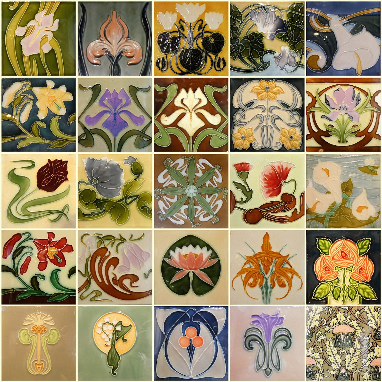 Collection of 25 Art Nouveau decorative tiles with floral and organic motifs in a 5x5 grid