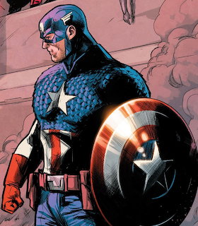 Captain America in blue suit with star emblem holding his red, white and blue shield