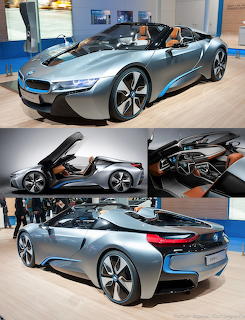 BMW i8 Spyder Concept car collage showing front, rear, and interior views at an auto show