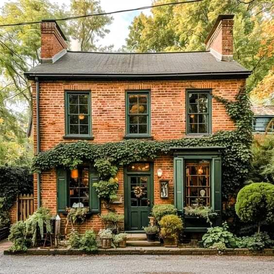 Historic orange brick cottage with ivy, black shutters, green door, potted plants, and sculpted bushes in front