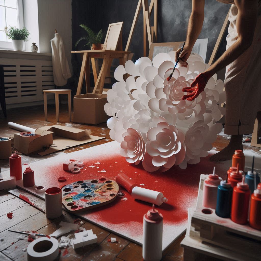 Artist painting a large white flower sculpture in a studio surrounded by paint bottles and art supplies