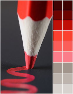 Macro close-up of red pencil tip with sharpened graphite point and curled shaving