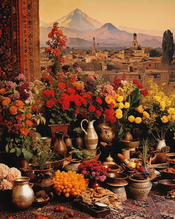 Painting of colorful flowers and pottery on a terrace with a city and mountains in the background