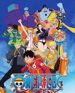 One Piece anime characters in colorful costumes with skull logo at bottom