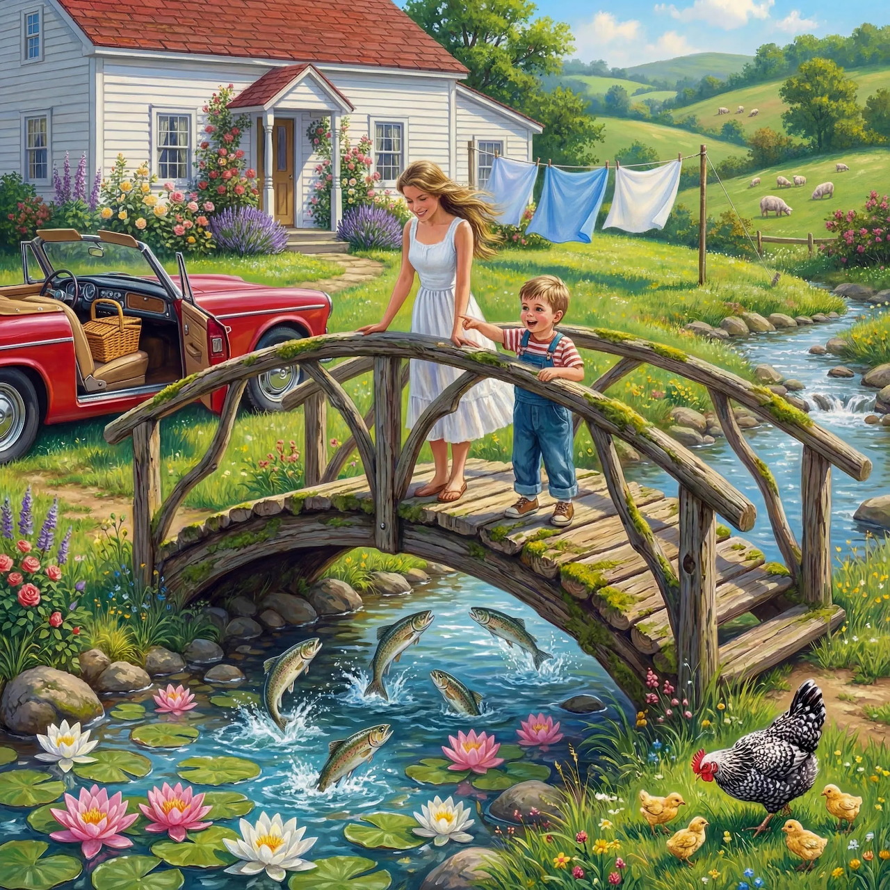 Pastoral scene showing a woman and child by a footbridge over a lily pond, with a country house and vintage red car