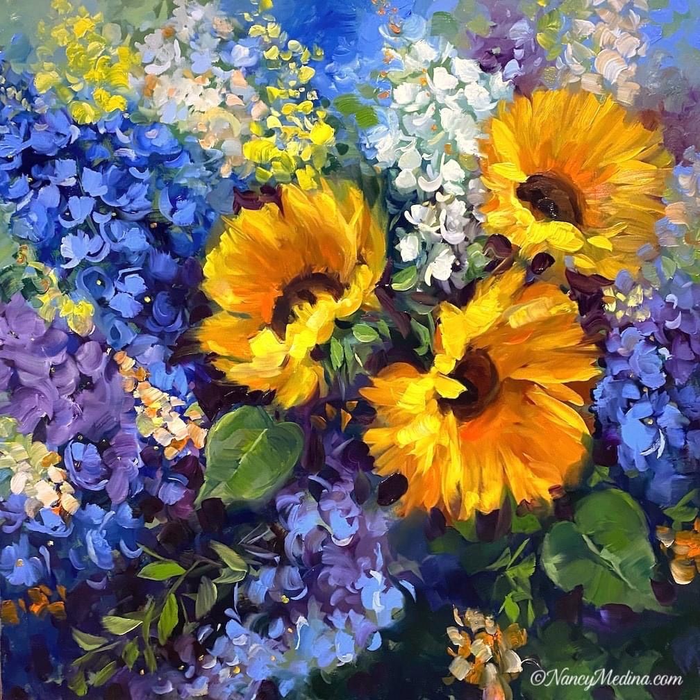 Oil painting of yellow sunflowers with blue and purple hydrangeas