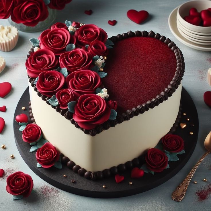 Heart-shaped cake decorated with red roses and white frosting on black plate