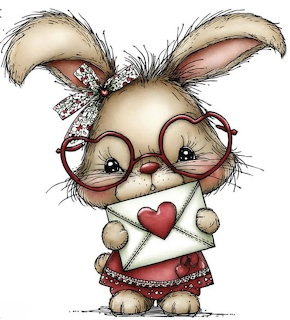 Cartoon bunny wearing glasses and holding a heart envelope