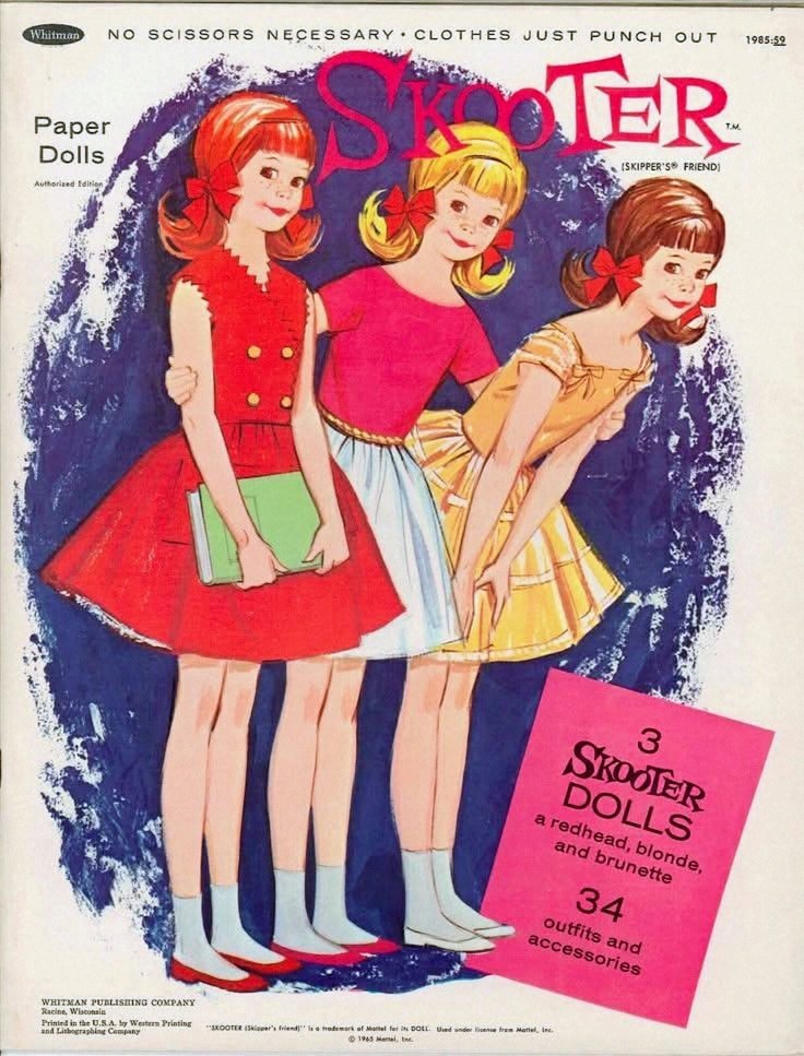 Vintage paper doll sheet with three young women in colorful 1960s-style clothing on blue painted background