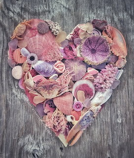 Heart-shaped arrangement of pink and purple seashells, sea urchins, and ocean items on weathered wood
