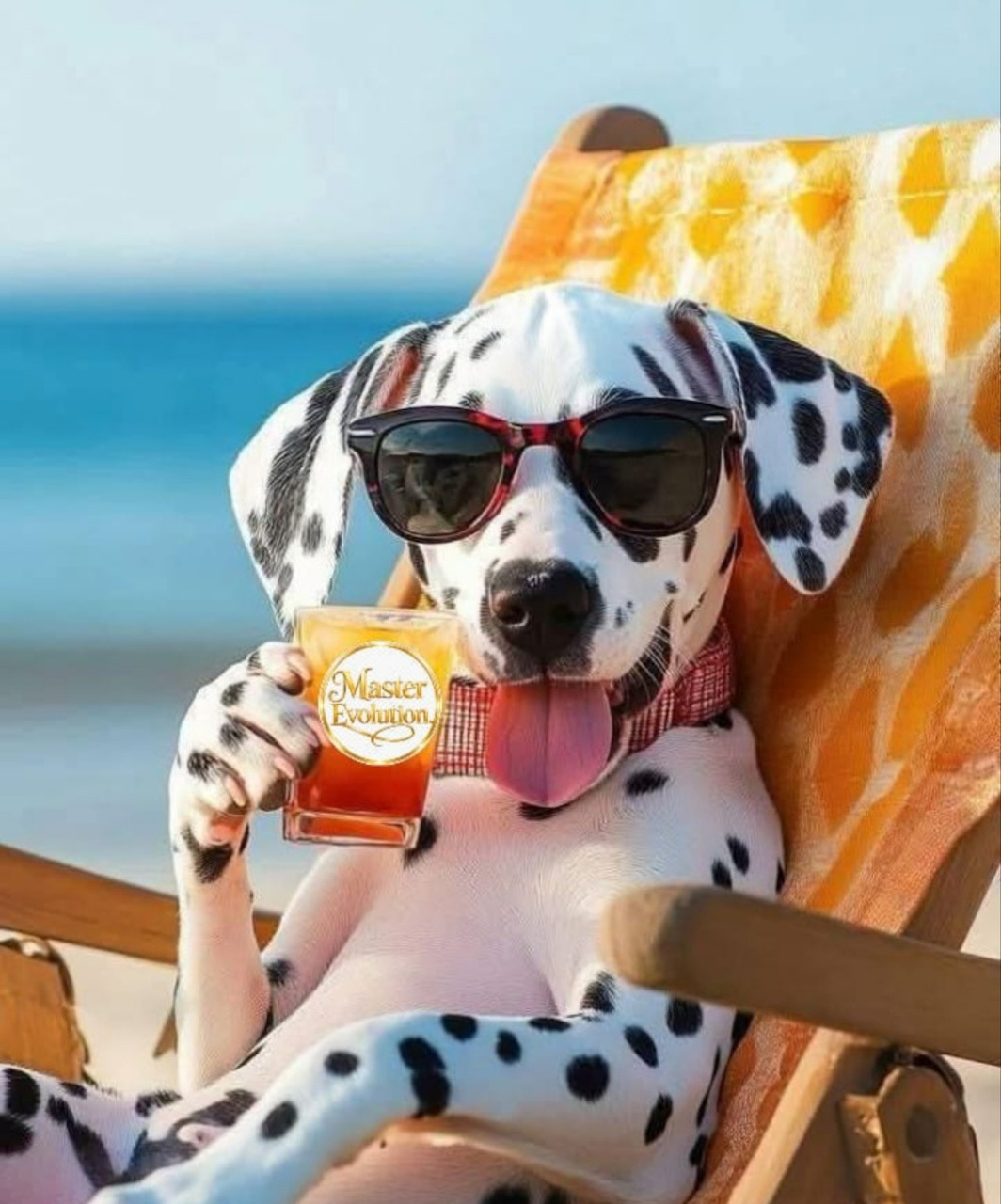 Dalmatian in sunglasses relaxing on a beach chair with a drink near the ocean