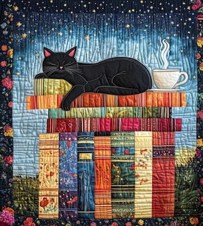 Quilted artwork showing black cat lying on stack of colorful books with tea cup against blue starry background