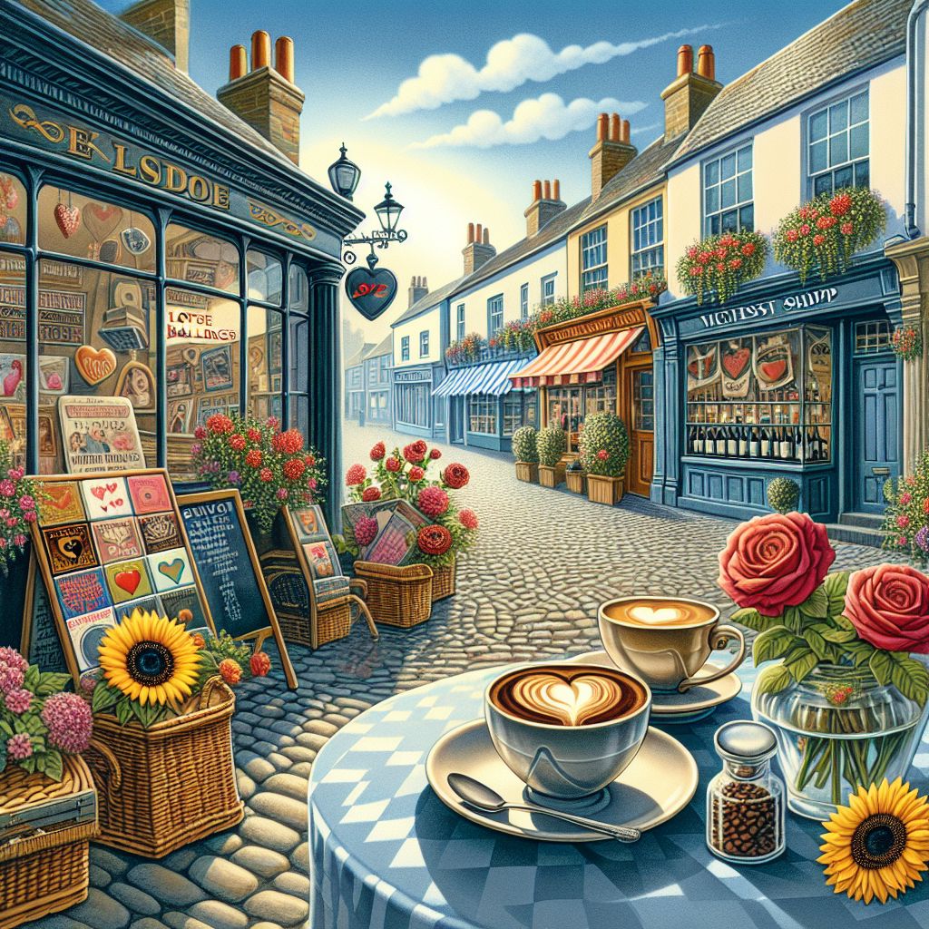 Illustrated European street scene with cafe table, coffee, flowers, and charming shops