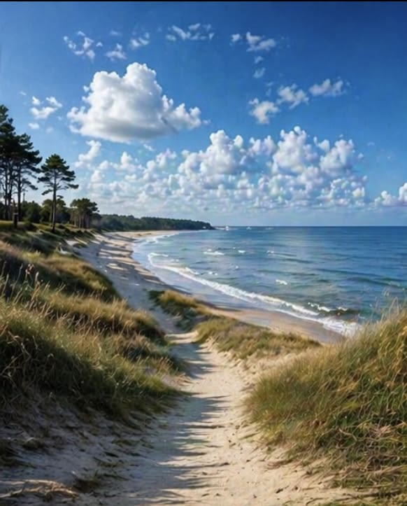 Sandy path through grassy dunes to a calm beach with blue sky and white clouds