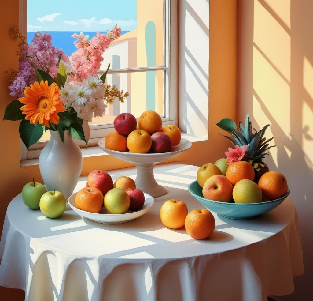 Colorful still life painting with bowls of fruit, a flower vase, and a sunny window with sea view