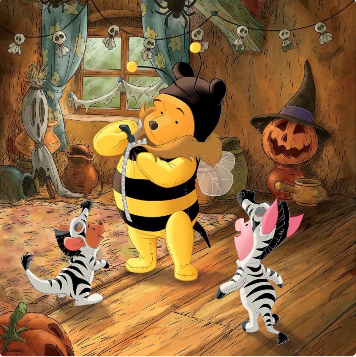 Winnie the Pooh wearing a bee costume with Piglet in zebra costume, Halloween decorations with pumpkins and cobwebs