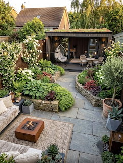 Cozy garden patio with outdoor seating, potted plants, flowers, and a covered backyard lounge area