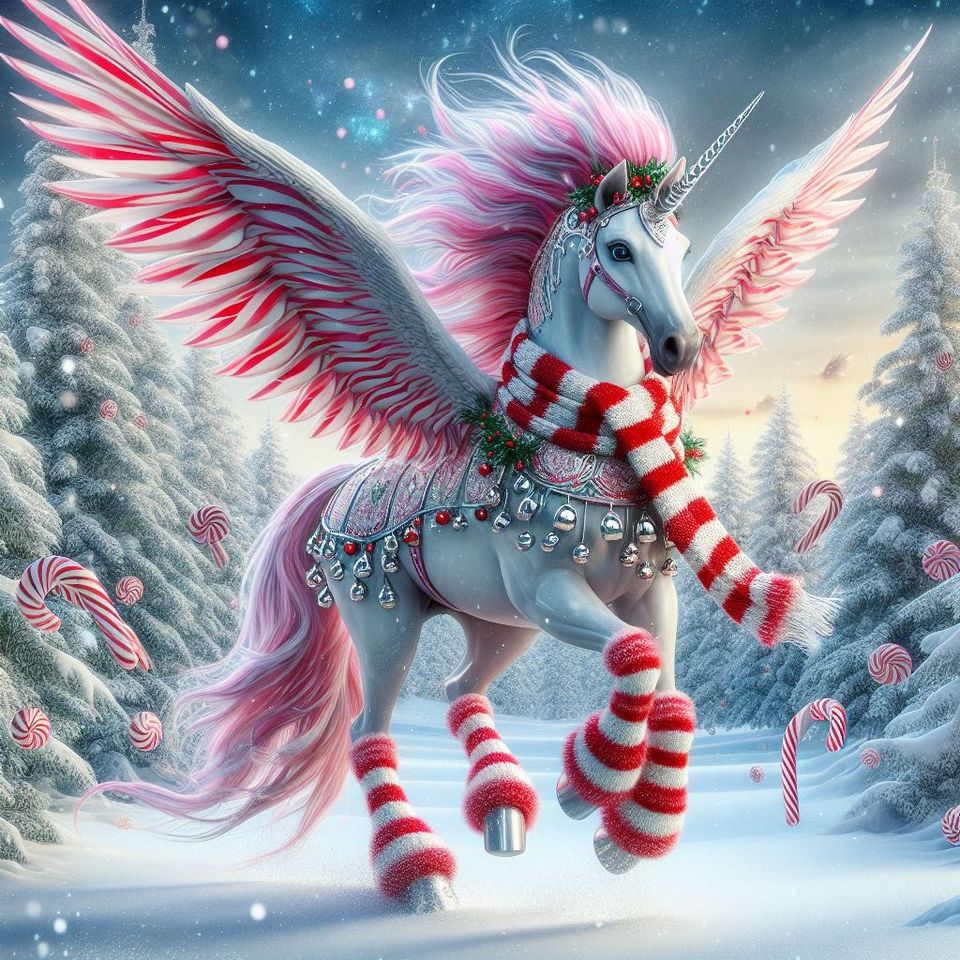 Fantasy pegasus with pink wings and striped scarf in snowy winter scene