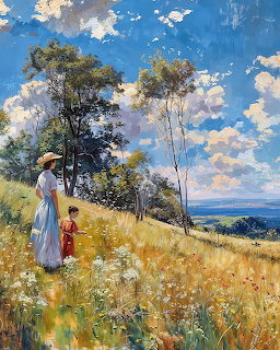 Woman in white dress and hat with child in sunny hillside meadow, trees and distant landscape beyond