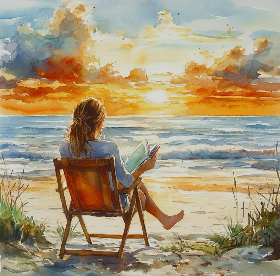 Painting of a woman reading in a chair on the beach at sunset