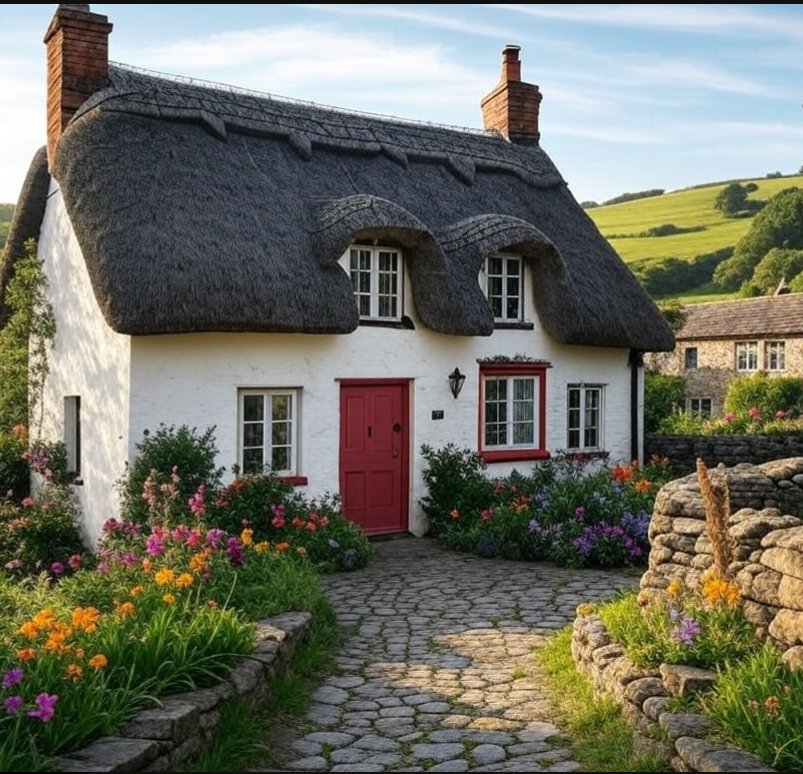 White thatched cottage with red door, flower garden, and stone path
