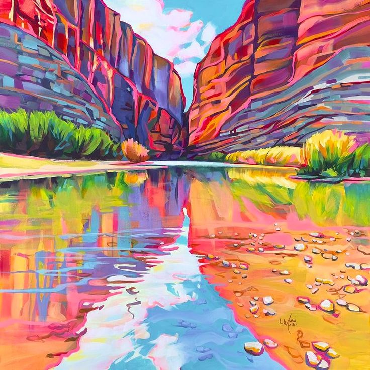 Colorful painted canyon with purple and orange striped cliffs reflecting in water below