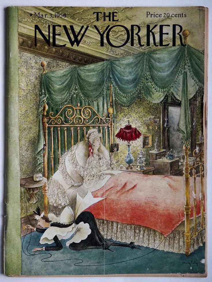 Vintage New Yorker magazine cover with illustrated bedroom scene featuring ornate decor and figure in white dress