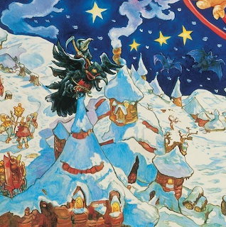 Fantasy illustration of antlered figure in blue robes over snowy village with stars and decorated trees