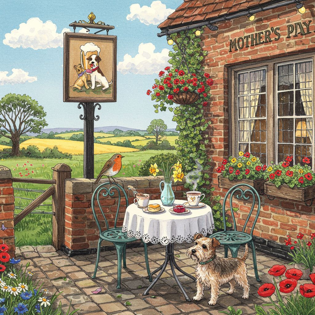Quaint outdoor cafe terrace with tea set on table, brick building, colorful flowers, and rolling countryside in background