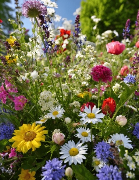 Colorful summer wildflower meadow with daisies, pink and purple flowers against blue sky