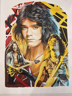 Painted collage portrait of Eddie Van Halen playing guitar with striped guitar designs in background