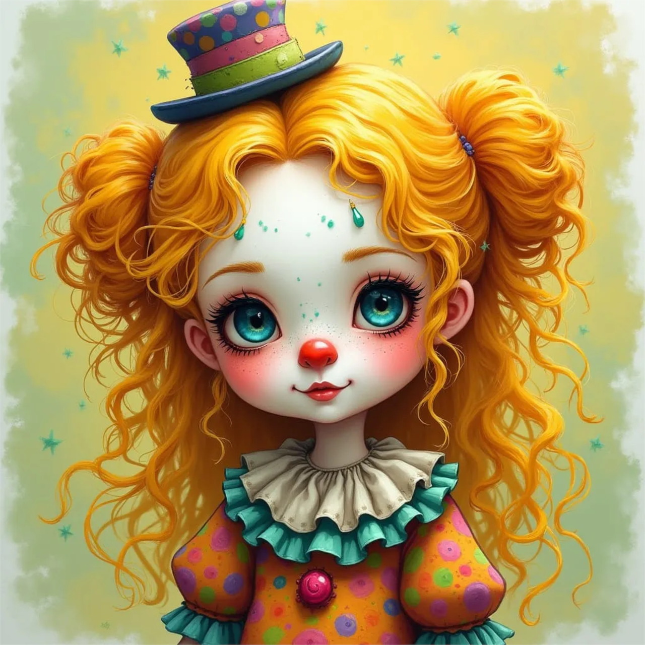 Cartoon clown girl with orange curly hair, red nose, colorful outfit and big blue eyes
