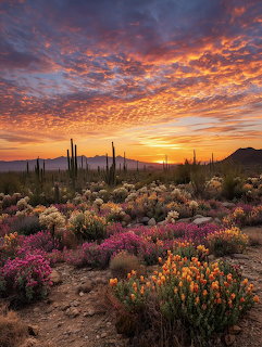 Saguaro cacti and desert wildflowers at sunset under a colorful cloud-filled sky in Arizona
