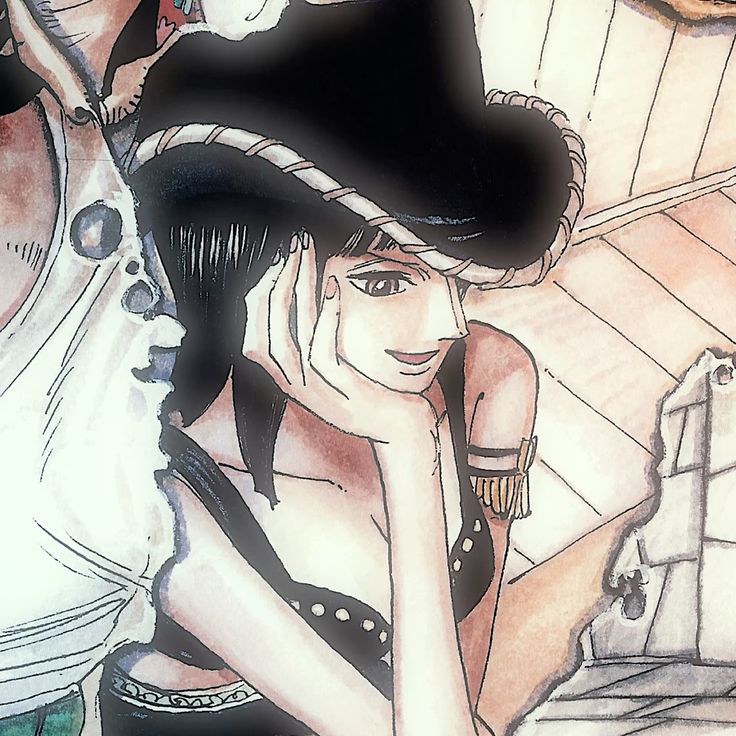 Anime character Nico Robin smiling, wearing black cowboy hat and studded vest