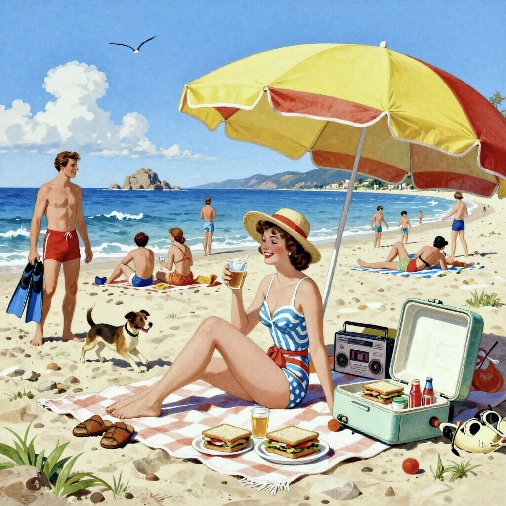 Vintage illustration showing beachgoers relaxing under yellow umbrella with picnic on sandy shore
