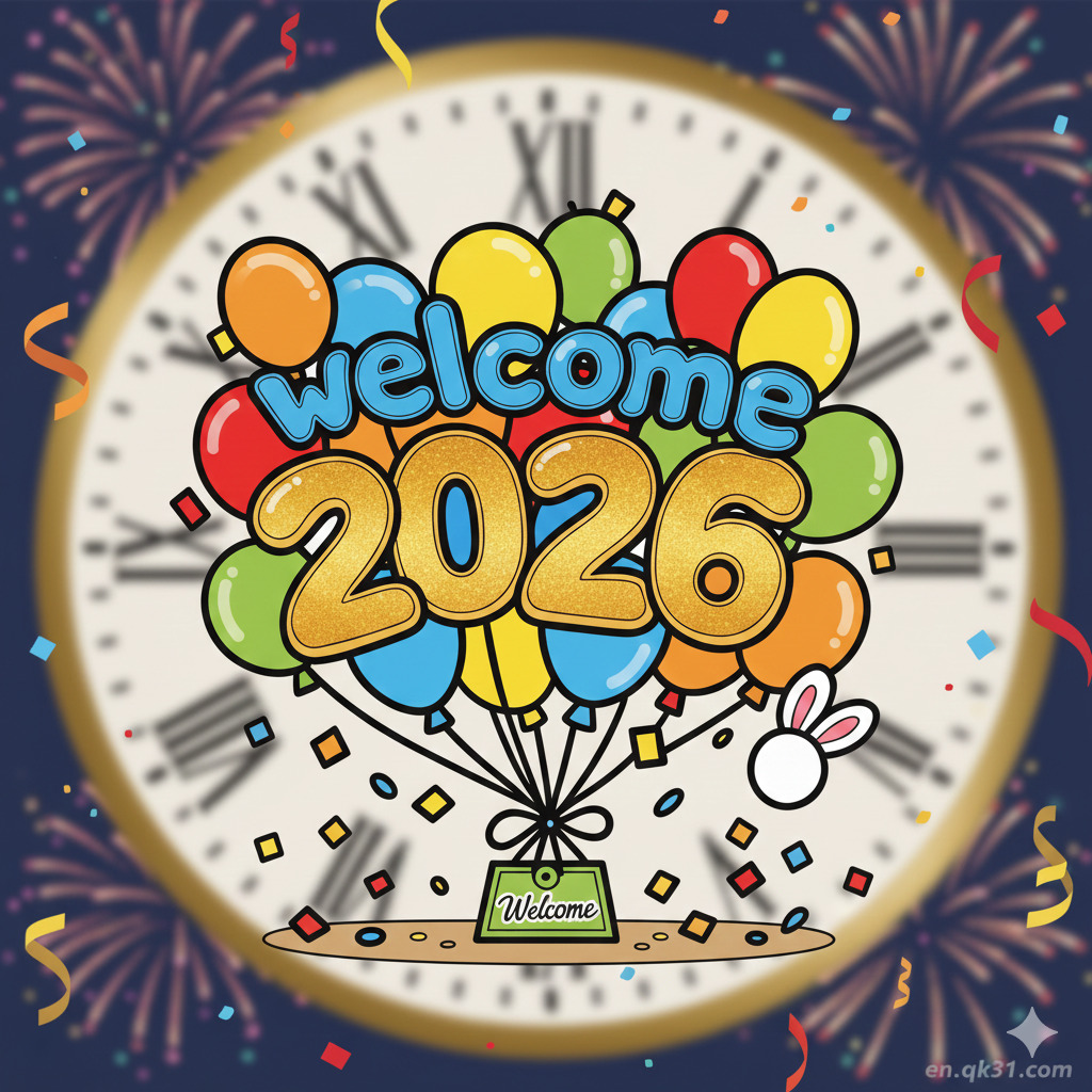 Welcome 2026 text with colorful balloons, clock at midnight, confetti and fireworks