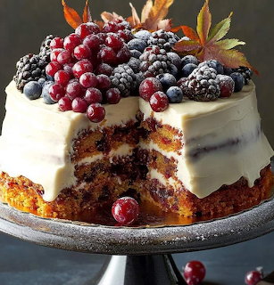 Frosted layer cake decorated with sugared berries and fall leaves on a cake stand