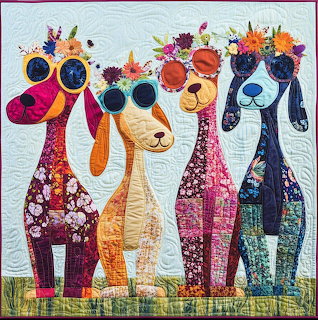 Decorative quilt showing five colorful patchwork giraffes with floral decorations standing in a row