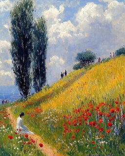 Impressionist painting showing a sunny hillside with red poppies, a cypress tree, and people on a path