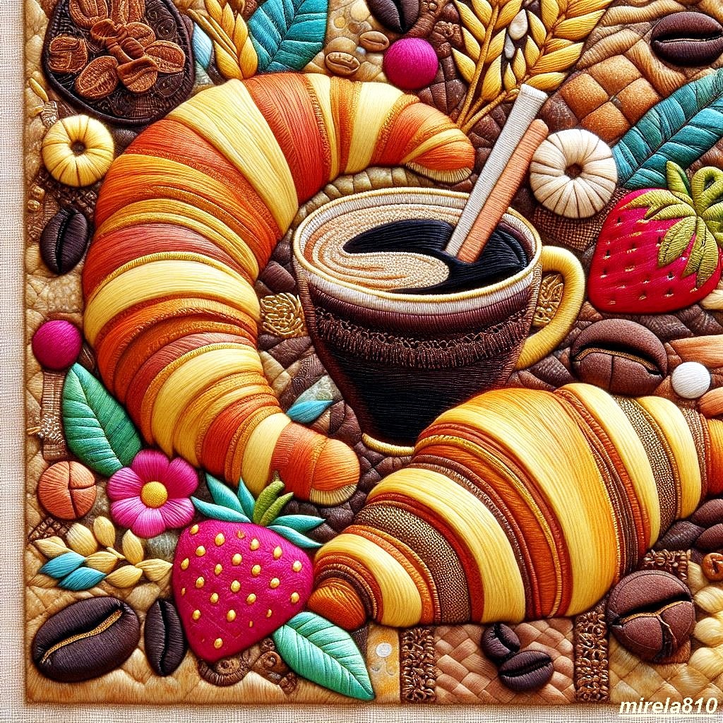 Vibrant autumn harvest scene with striped croissants, pumpkins, berries, coffee cup, and various baked goods