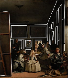 Velázquez Las Meninas painting showing Infanta Margarita with attendants in a dark palace room