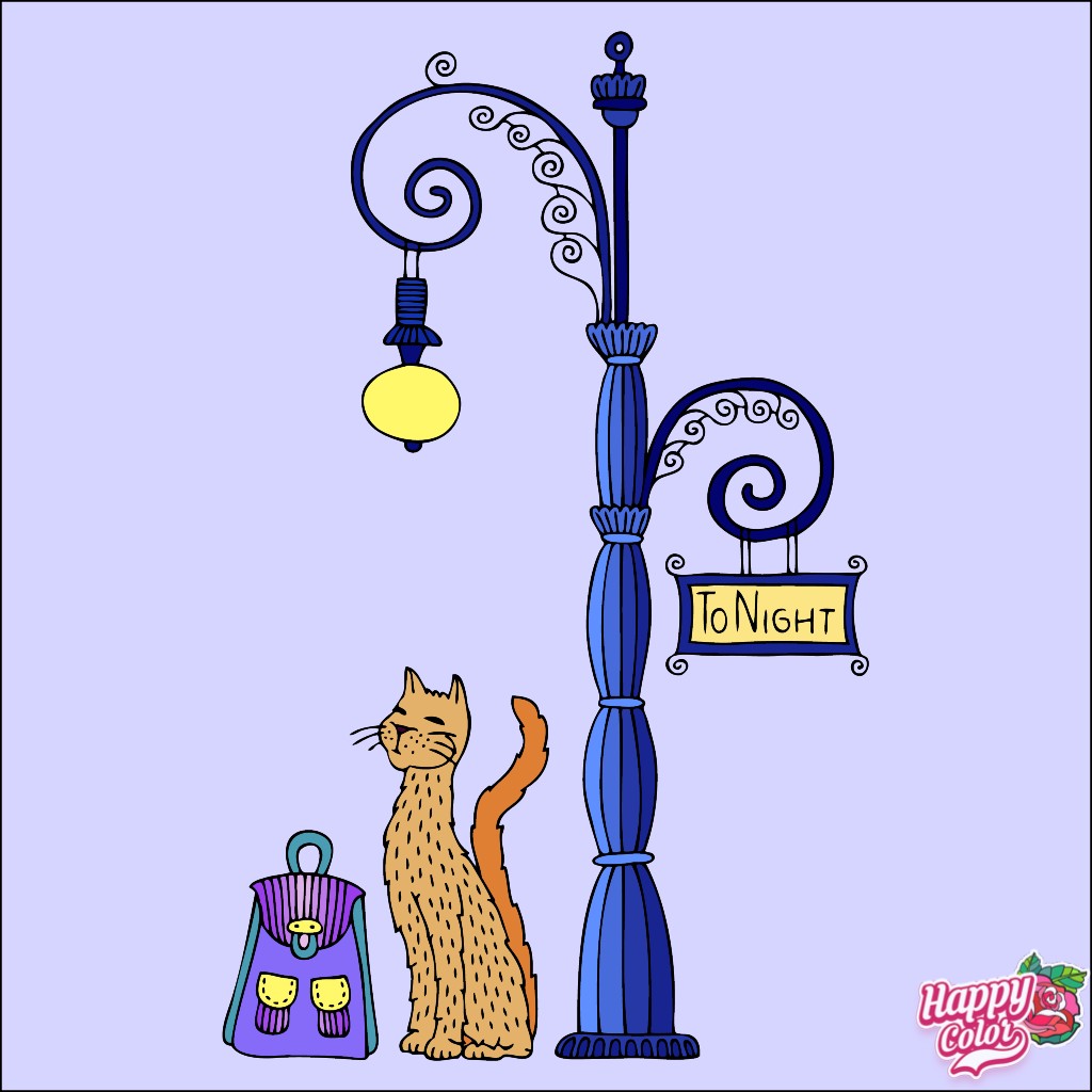Orange cat beside decorative blue lamp post with purple bag and yellow sign on lavender background