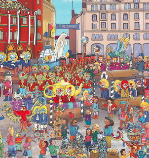 Vibrant carnival parade scene with costumed figures, musicians, and crowds in Basel city square