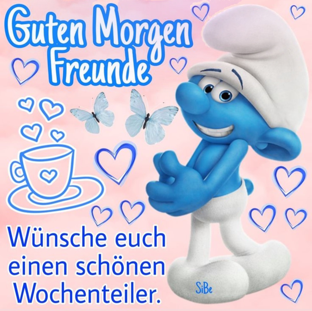 Smiling blue Smurf character waving with hearts and German good morning text