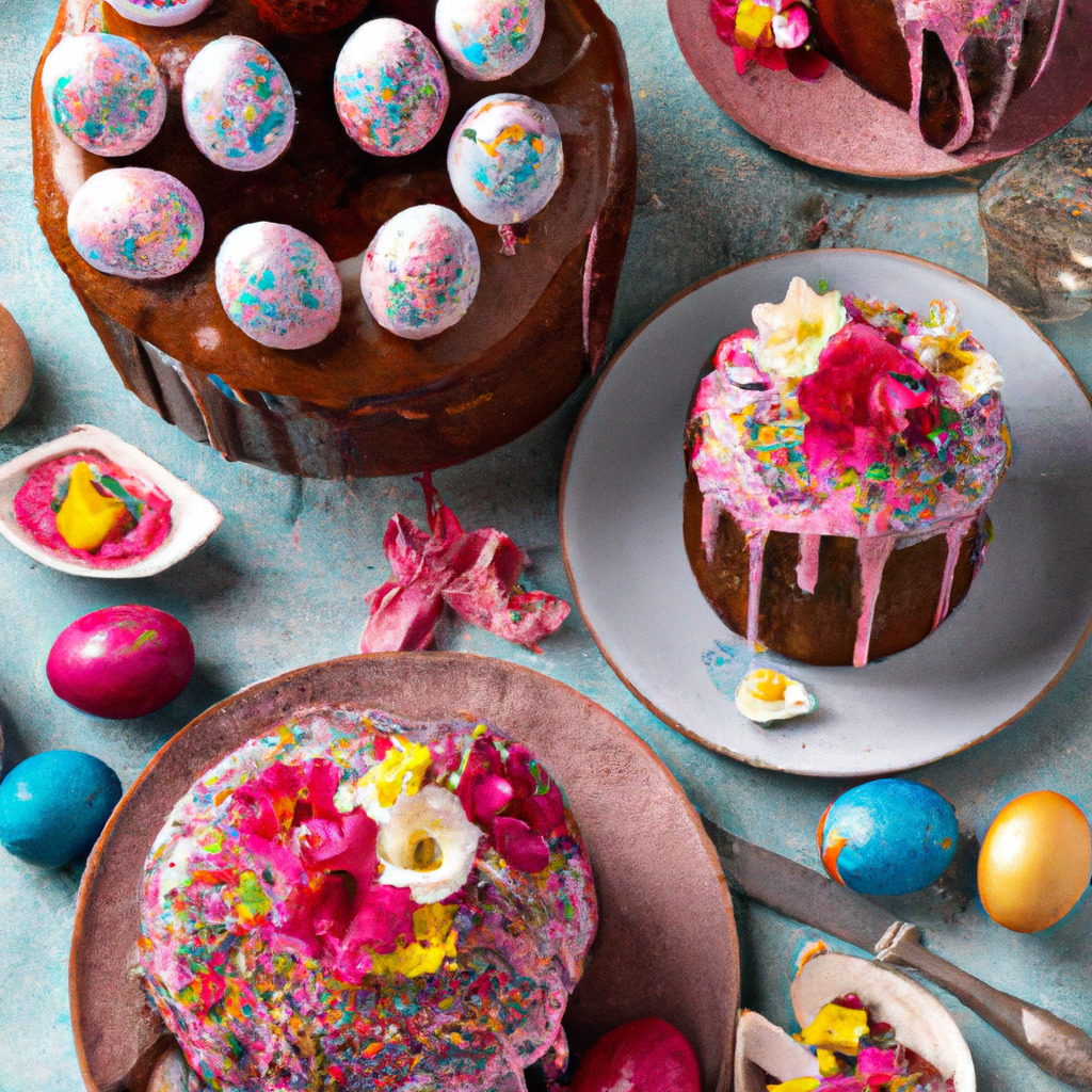 Easter cakes topped with chocolate ganache, colorful sprinkles, decorated eggs, and edible flowers on serving plates
