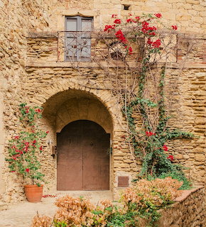 Rustic stone building with arched wooden door and climbing red roses on the facade