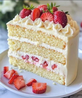 Three-layer vanilla cake with white cream frosting and fresh strawberries on top