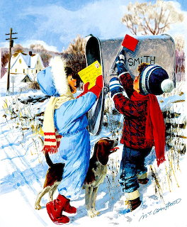 Two children and a dog at a yellow mailbox in snow, mailing a letter near a farmhouse